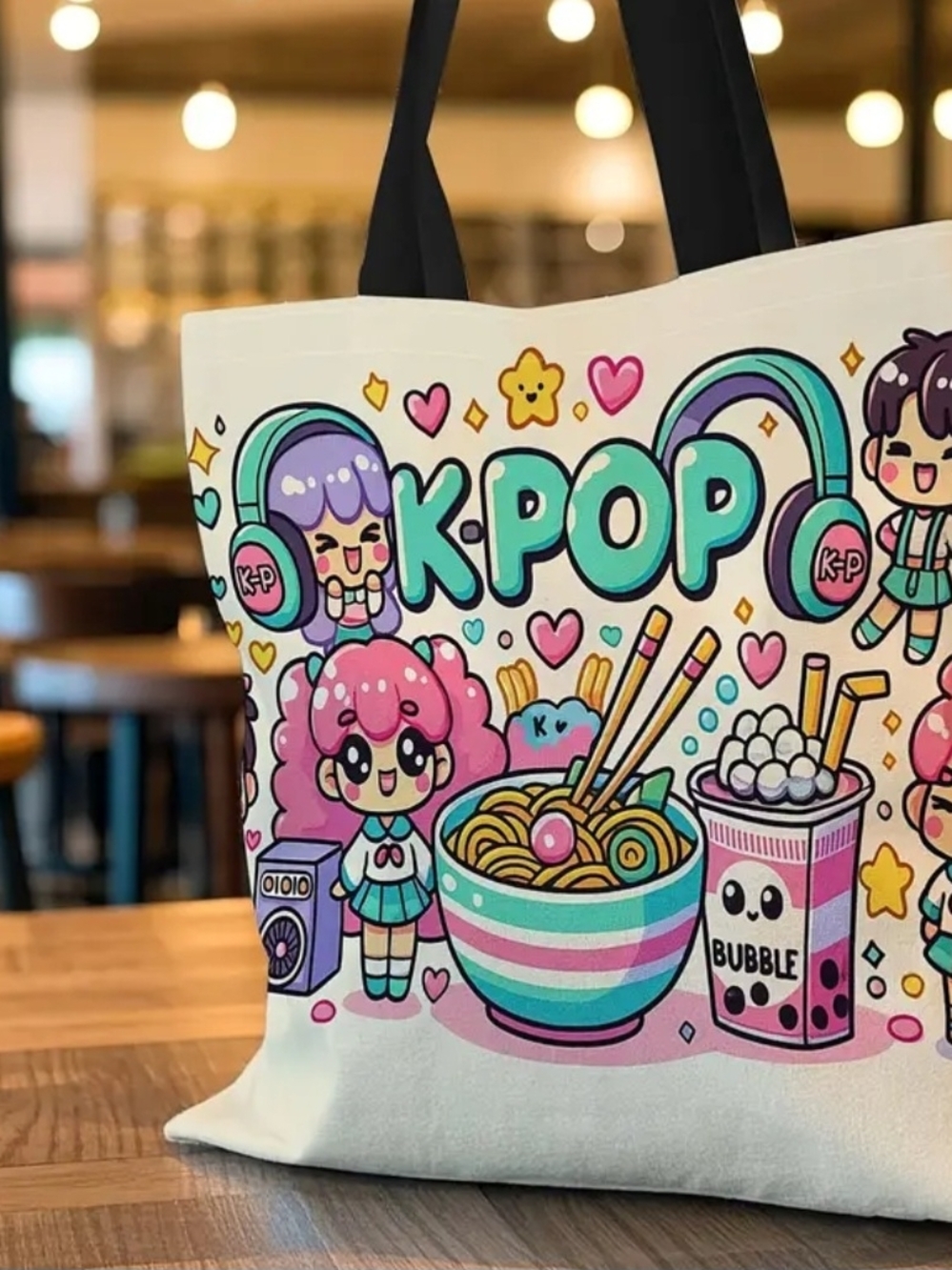 K-pop Theme with Bubble Tea and Music Tote 15.7" x 13.8" NEW
